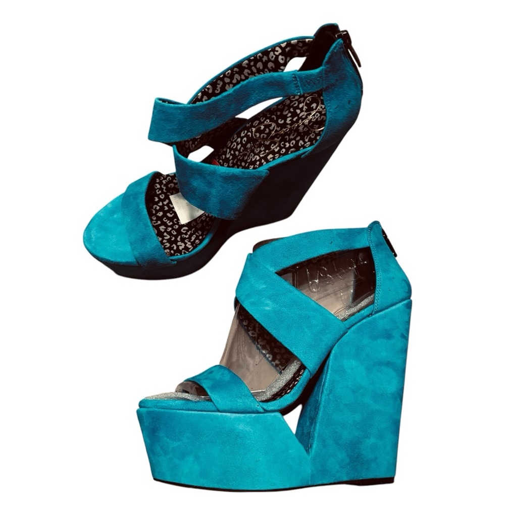 Jessica Simpson JS-SASA Deco Blue Turquoise Platform Wedge Heels Leather Suede